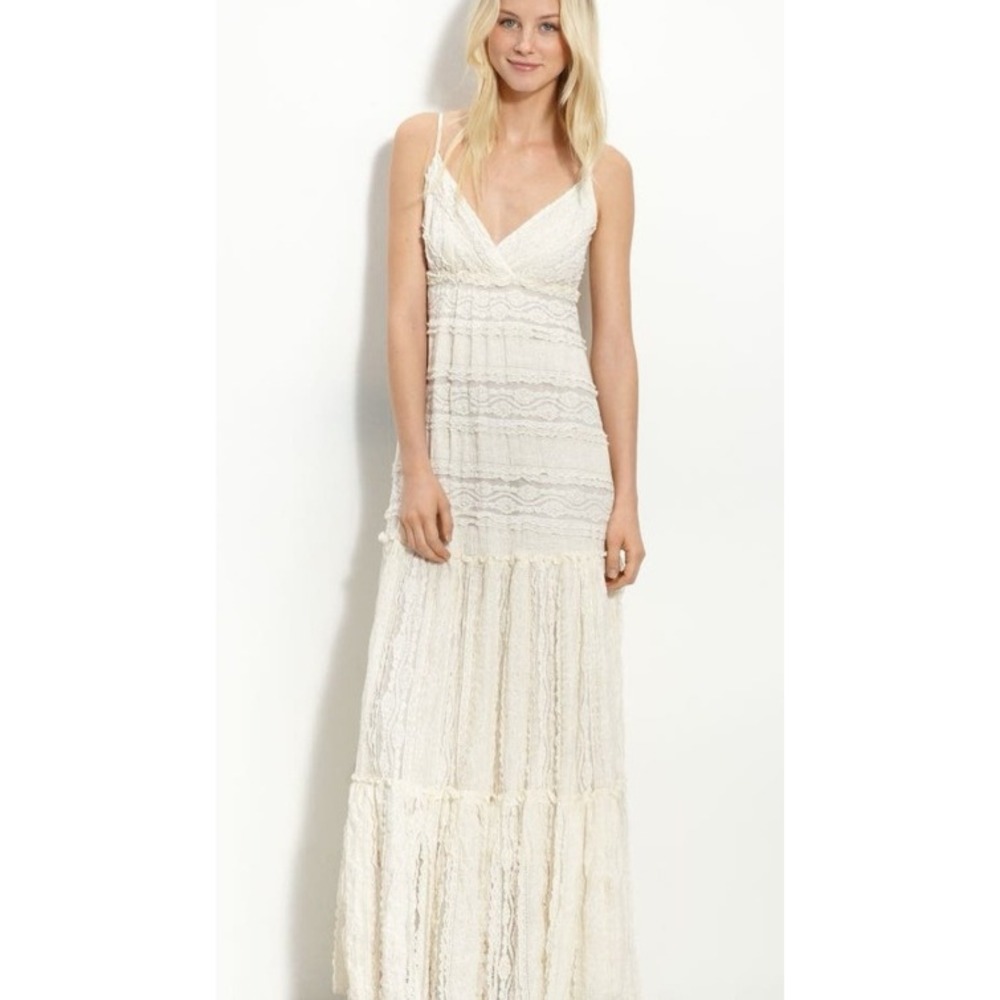 Willow & Clay‎ Floral Lace Maxi Tiered Cotton Blend Stretch Dress Boho Ivory M